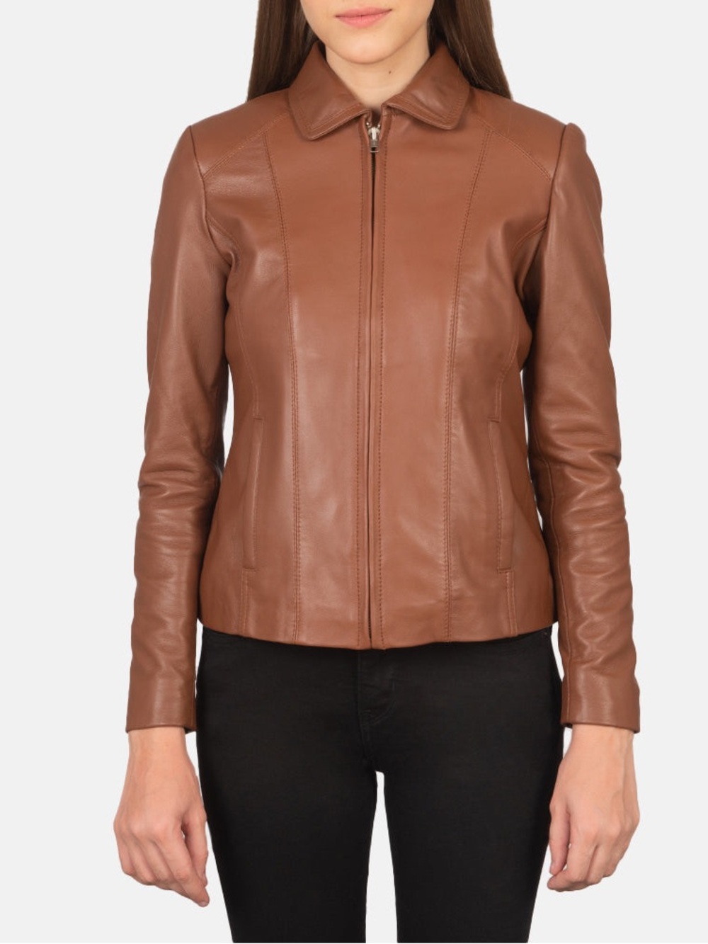 The Jacket Maker Colette Brown Genuine Leather Zip Front Jacket 2XL‎ Lined